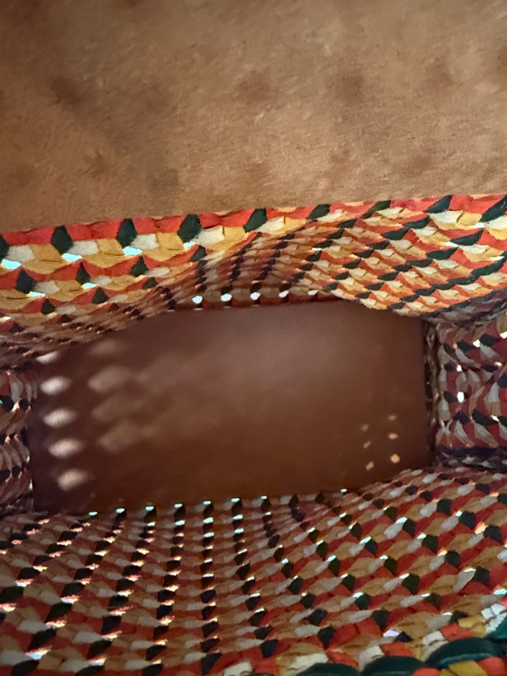 Clare V Multicolor Woven Tote in Red, Yellow & Green with Brown Handles - Picture 8 of 13